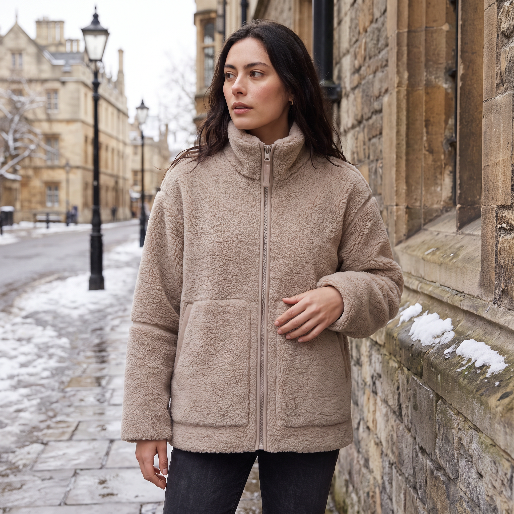 Women's Teddy Fleece Jacket in oversized fit with full-length zip and front pockets, perfect for cozy layering in colder weather. 1