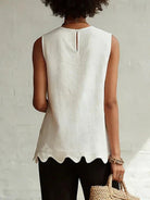 Women's sleeveless blouse featuring a scalloped hem and round neck, made from lightweight linen-style fabric for a relaxed fit, perfect for warm weather and casual 1
