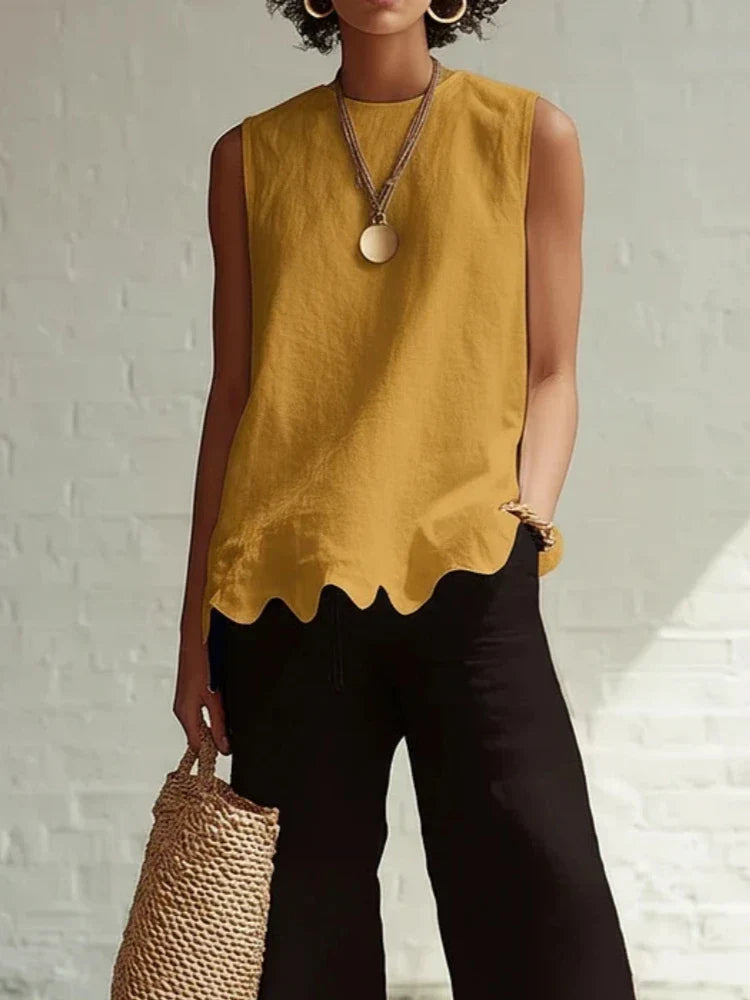 Women's sleeveless blouse featuring a scalloped hem and round neck, made from lightweight linen-style fabric for a relaxed fit, perfect for warm weather and casual 4