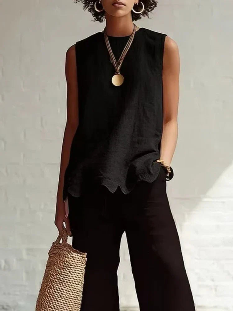 Women's sleeveless blouse featuring a scalloped hem and round neck, made from lightweight linen-style fabric for a relaxed fit, perfect for warm weather and casual 5