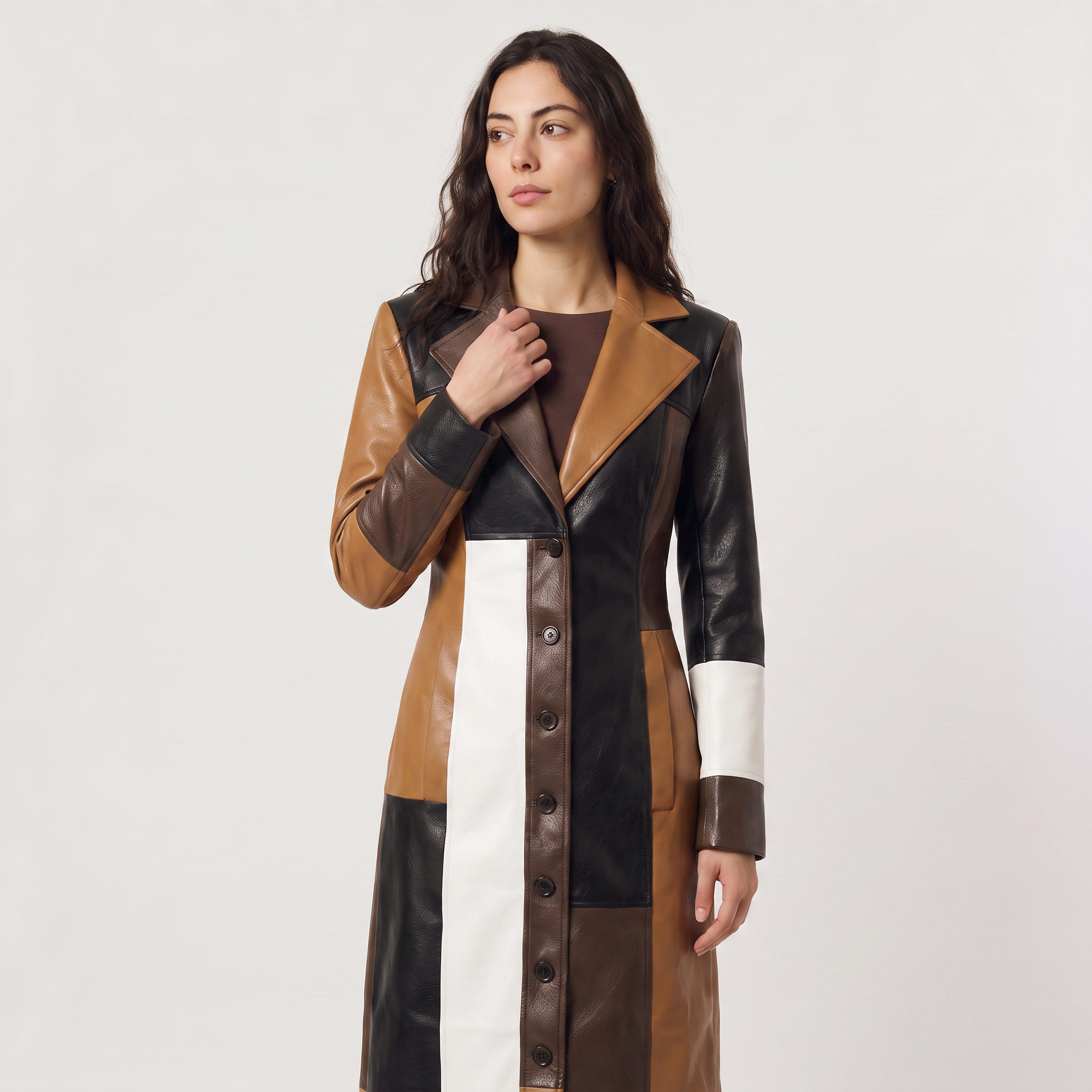 Women's trench coat featuring a stylish patchwork design in faux leather, showcasing a long structured silhouette in brown, black, and white colors. 1