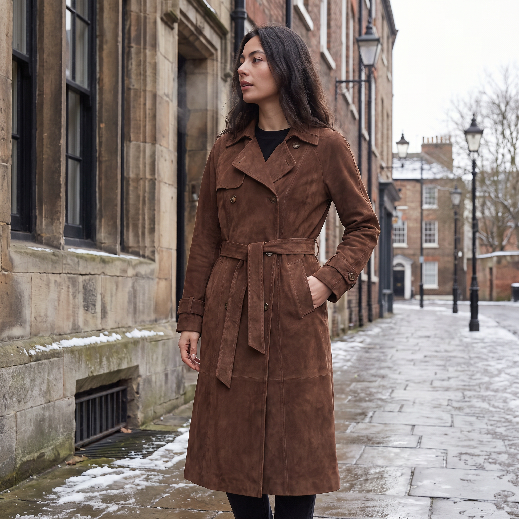 Women's trench coat featuring an adjustable belt, classic lapel collar, and a slim fit longline design in soft faux suede. 1