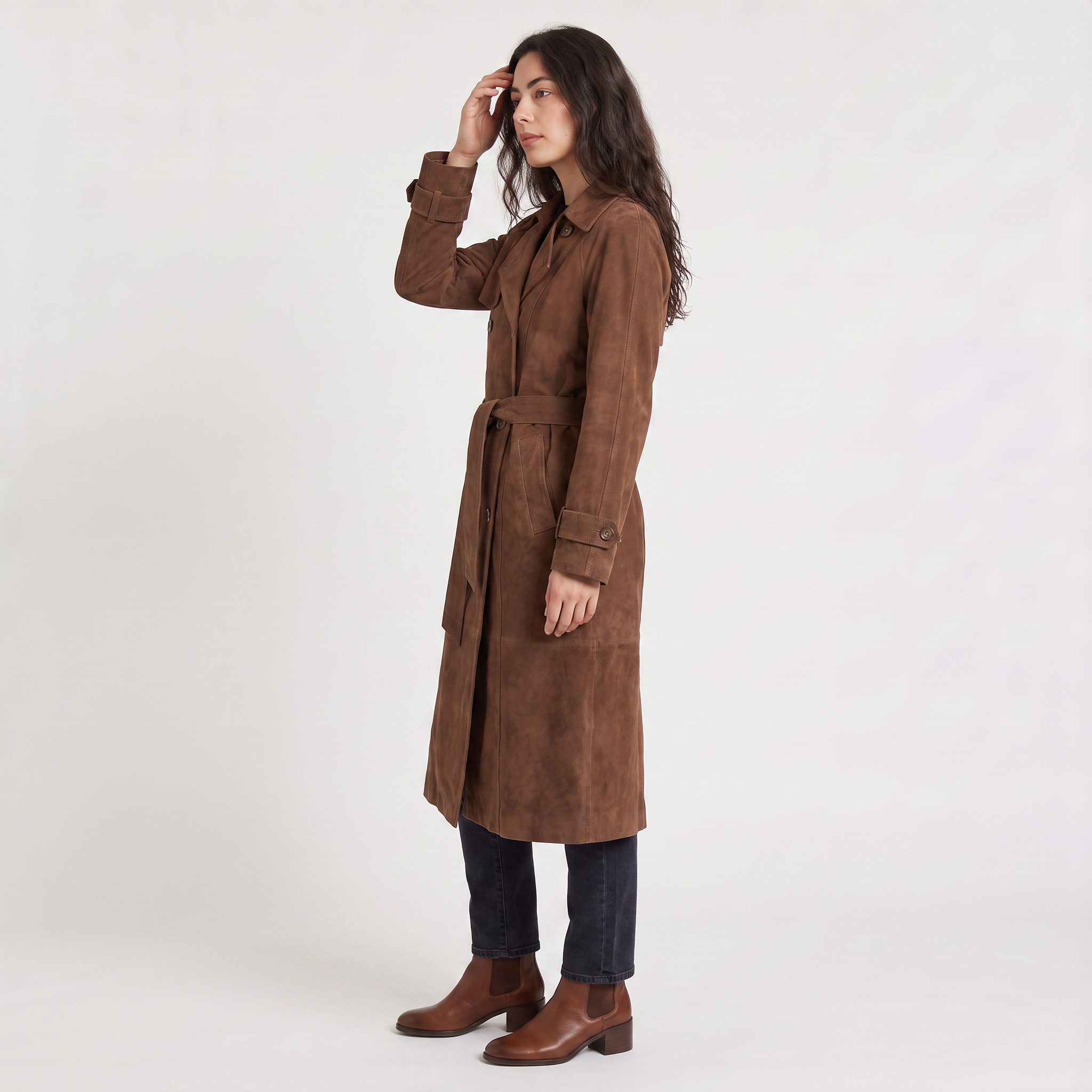Women's trench coat featuring an adjustable belt, classic lapel collar, and a slim fit longline design in soft faux suede. 3