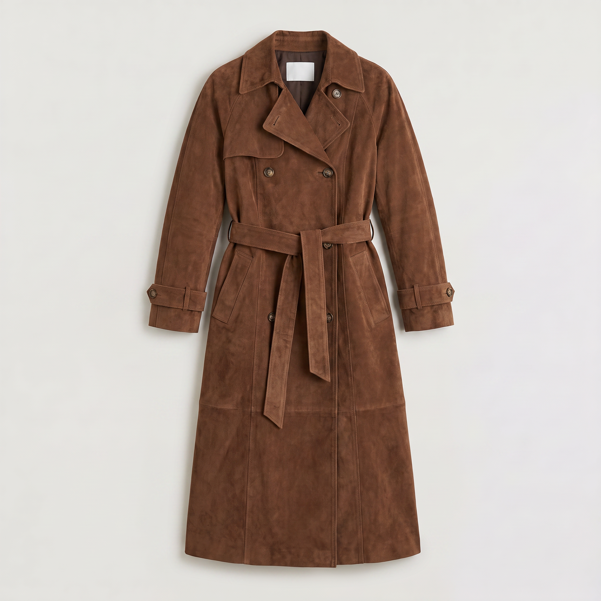 Women's trench coat featuring an adjustable belt, classic lapel collar, and a slim fit longline design in soft faux suede. 5