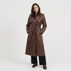 Women's brown faux leather trench coat with belt and satin lining, featuring a stylish midi length and elegant design. 0