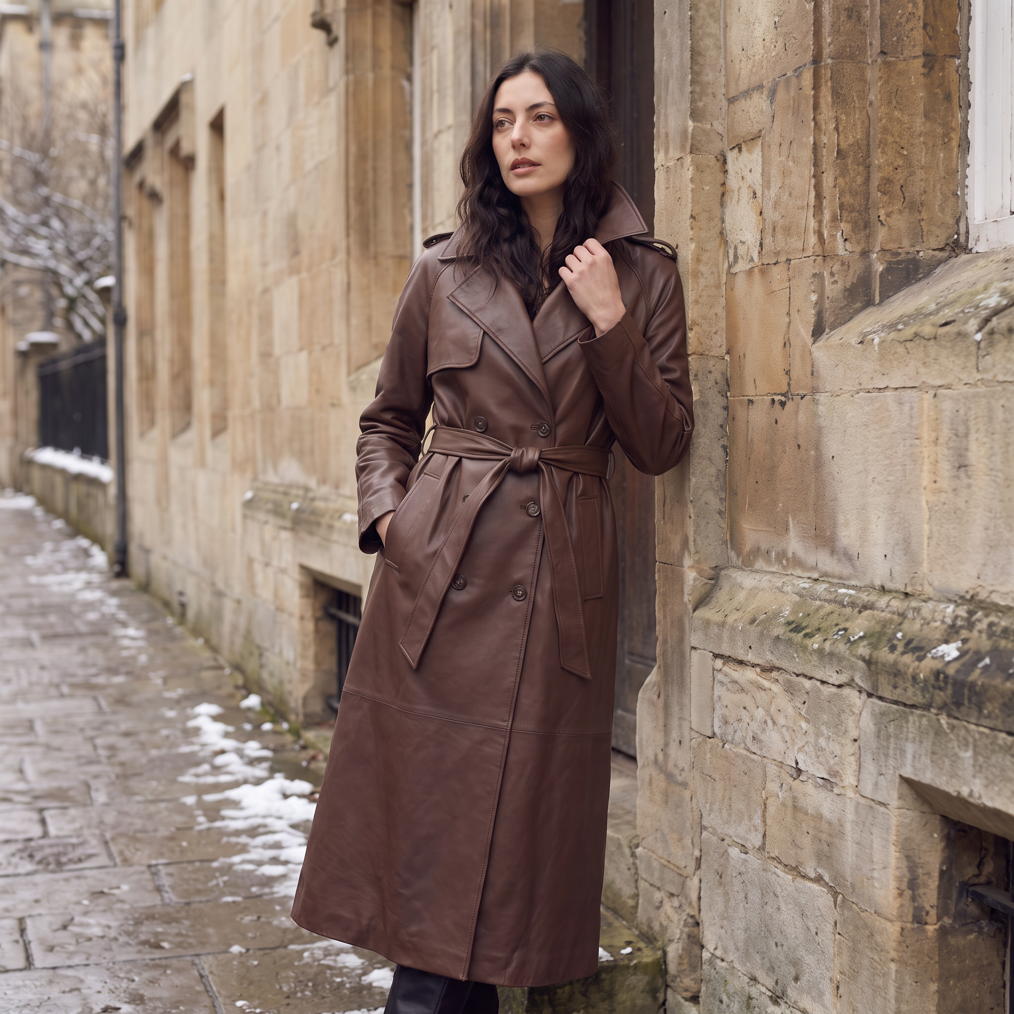 Women's brown faux leather trench coat with belt and satin lining, featuring a stylish midi length and elegant design. 1