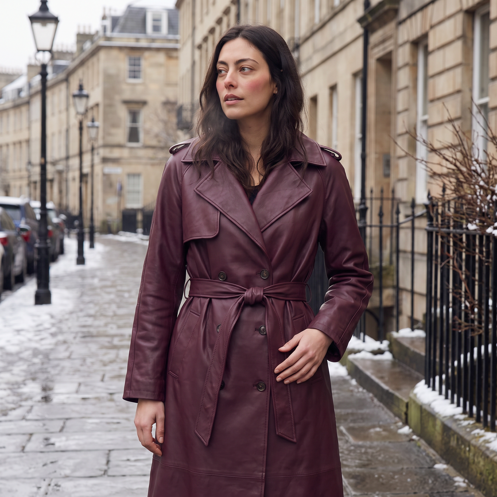 Women's brown faux leather trench coat with belt and satin lining, featuring a stylish midi length and elegant design. 2