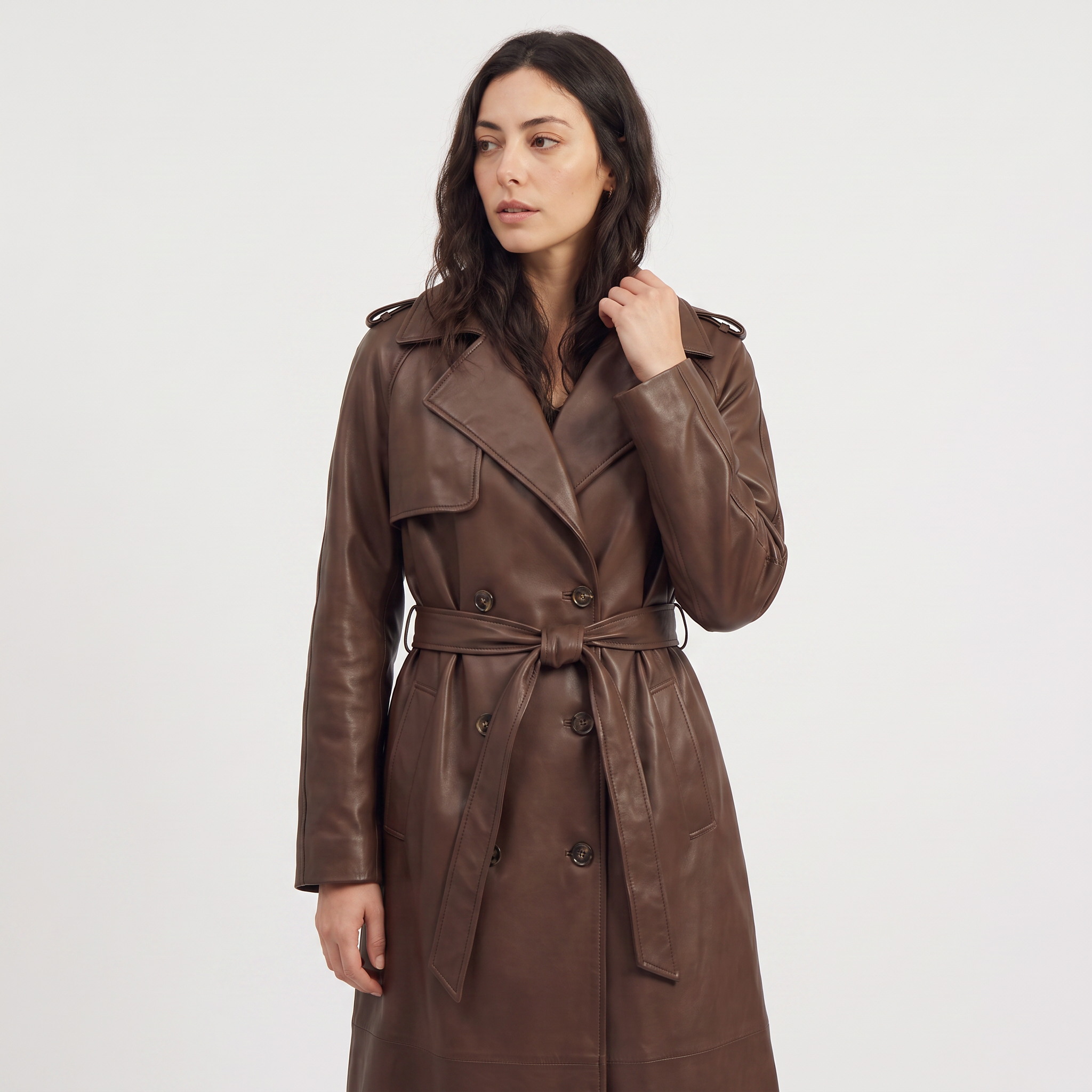 Women's brown faux leather trench coat with belt and satin lining, featuring a stylish midi length and elegant design. 3