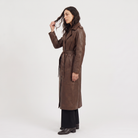 Women's brown faux leather trench coat with belt and satin lining, featuring a stylish midi length and elegant design. 4