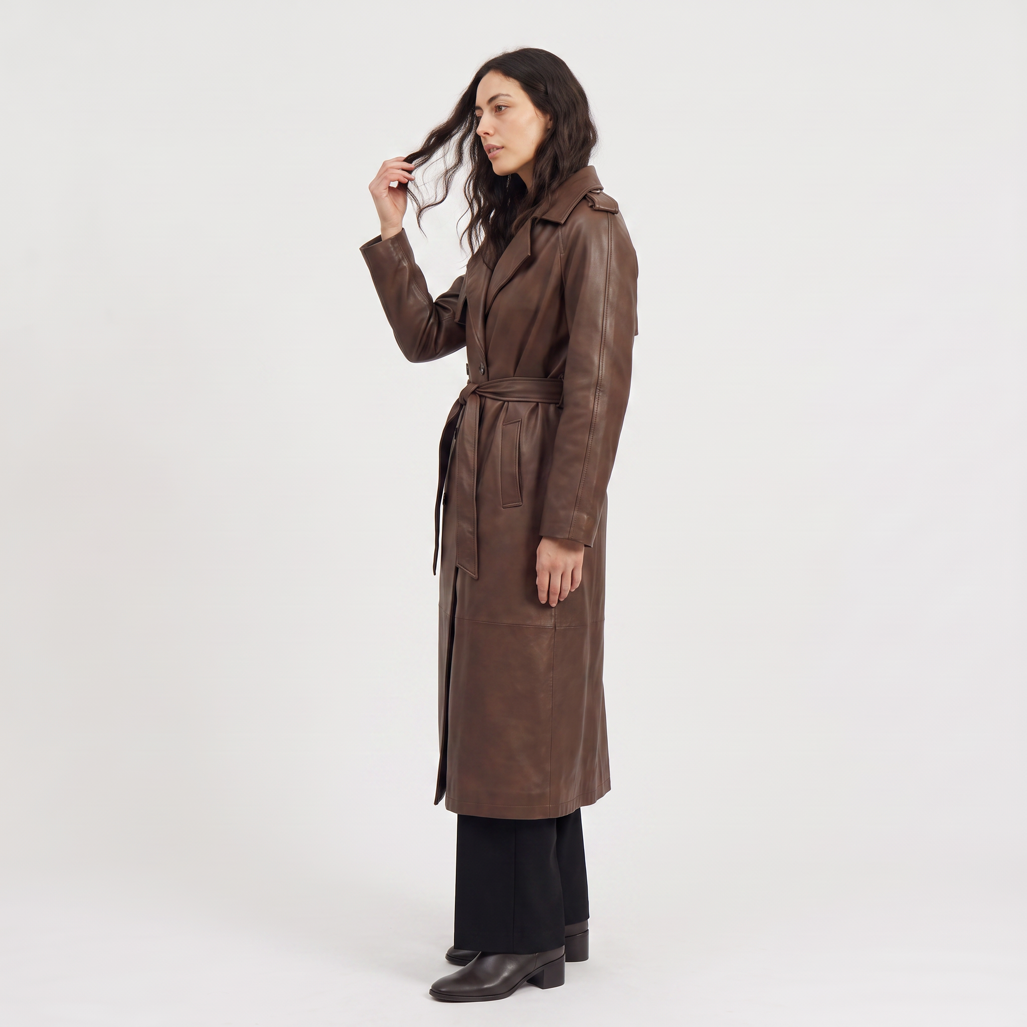 Women's brown faux leather trench coat with belt and satin lining, featuring a stylish midi length and elegant design. 4