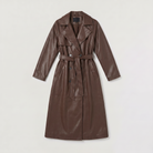 Women's brown faux leather trench coat with belt and satin lining, featuring a stylish midi length and elegant design. 5