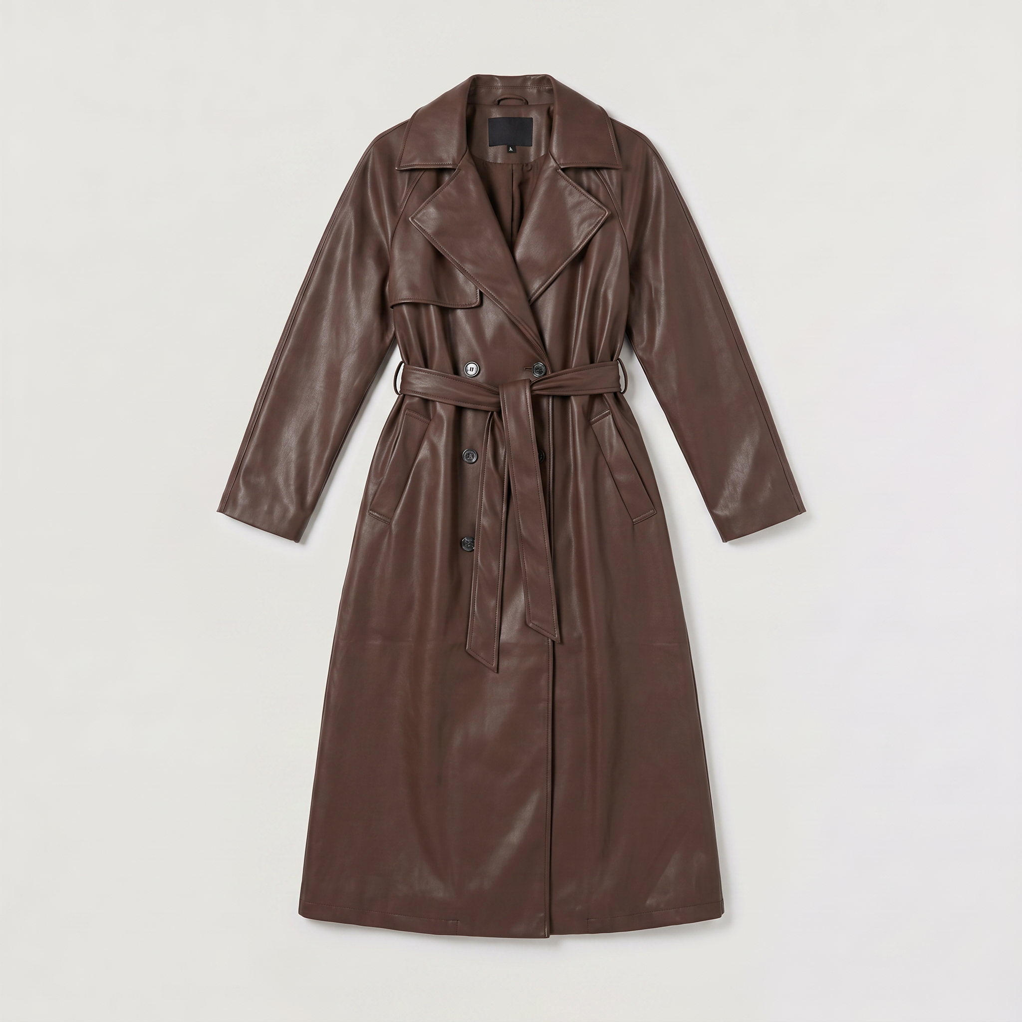 Women's brown faux leather trench coat with belt and satin lining, featuring a stylish midi length and elegant design. 5