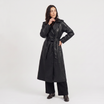 Women's brown faux leather trench coat with belt and satin lining, featuring a stylish midi length and elegant design. 6