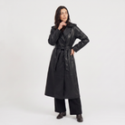 Women's brown faux leather trench coat with belt and satin lining, featuring a stylish midi length and elegant design. 6