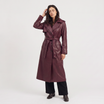 Women's brown faux leather trench coat with belt and satin lining, featuring a stylish midi length and elegant design. 7