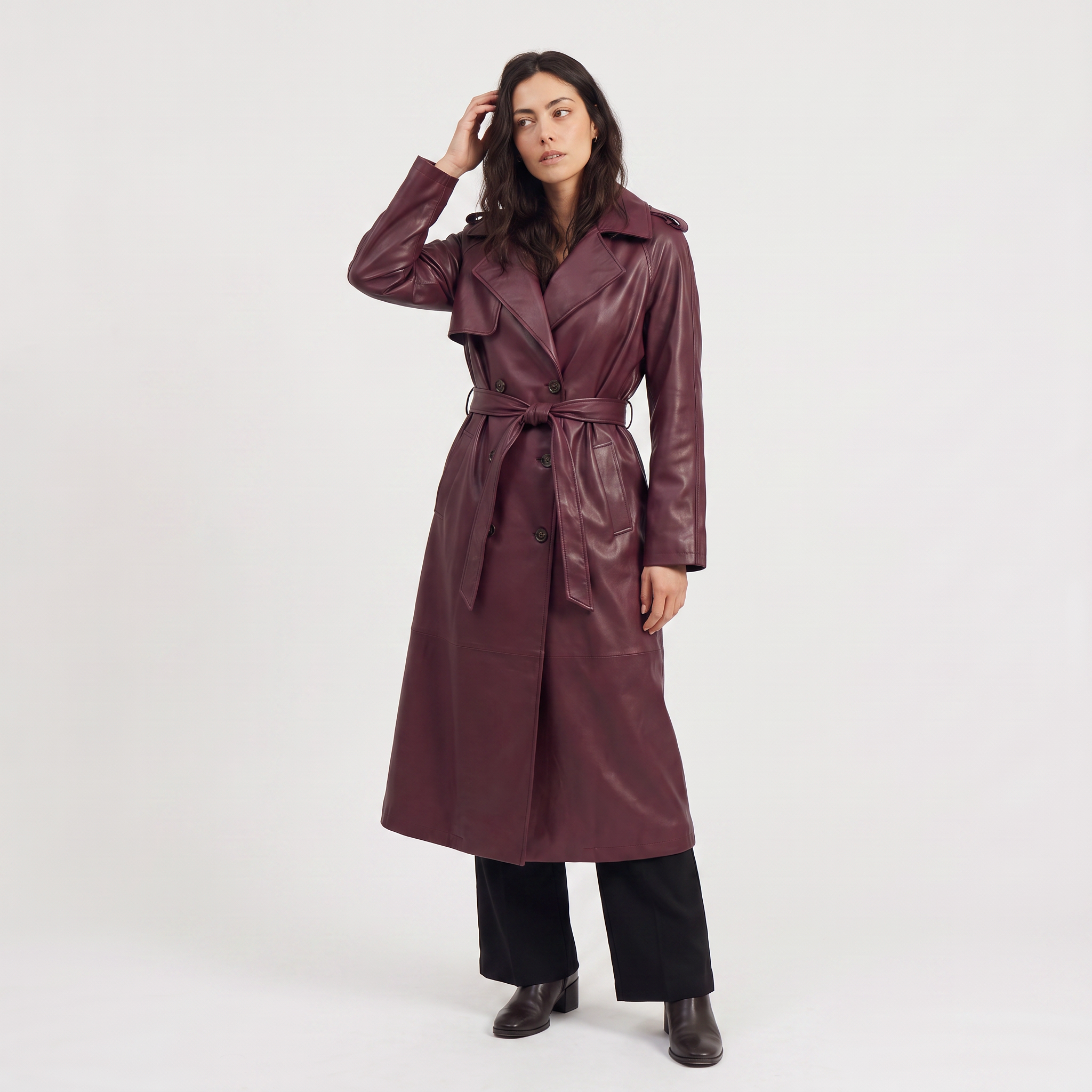 Women's brown faux leather trench coat with belt and satin lining, featuring a stylish midi length and elegant design. 7