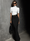 Women's two piece skirt set featuring a stylish turtleneck top and a modern black and white midi skirt, perfect for chic casual or semi-formal occasions 2