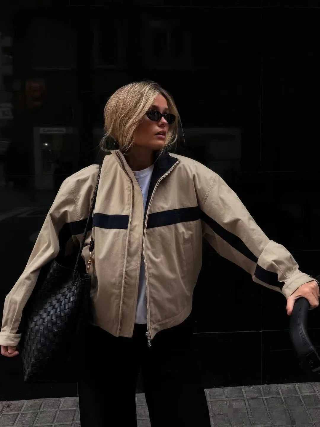 Women's vintage bomber jacket featuring a stylish color block design, crafted from lightweight stretch polyester for a relaxed cropped fit, perfect for casual outings. 0