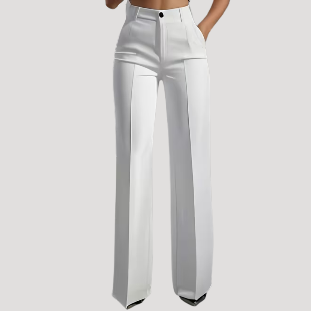 Women's wide leg pants with a high waist, featuring functional pockets, elegantly tailored in a stylish black and white design. 0