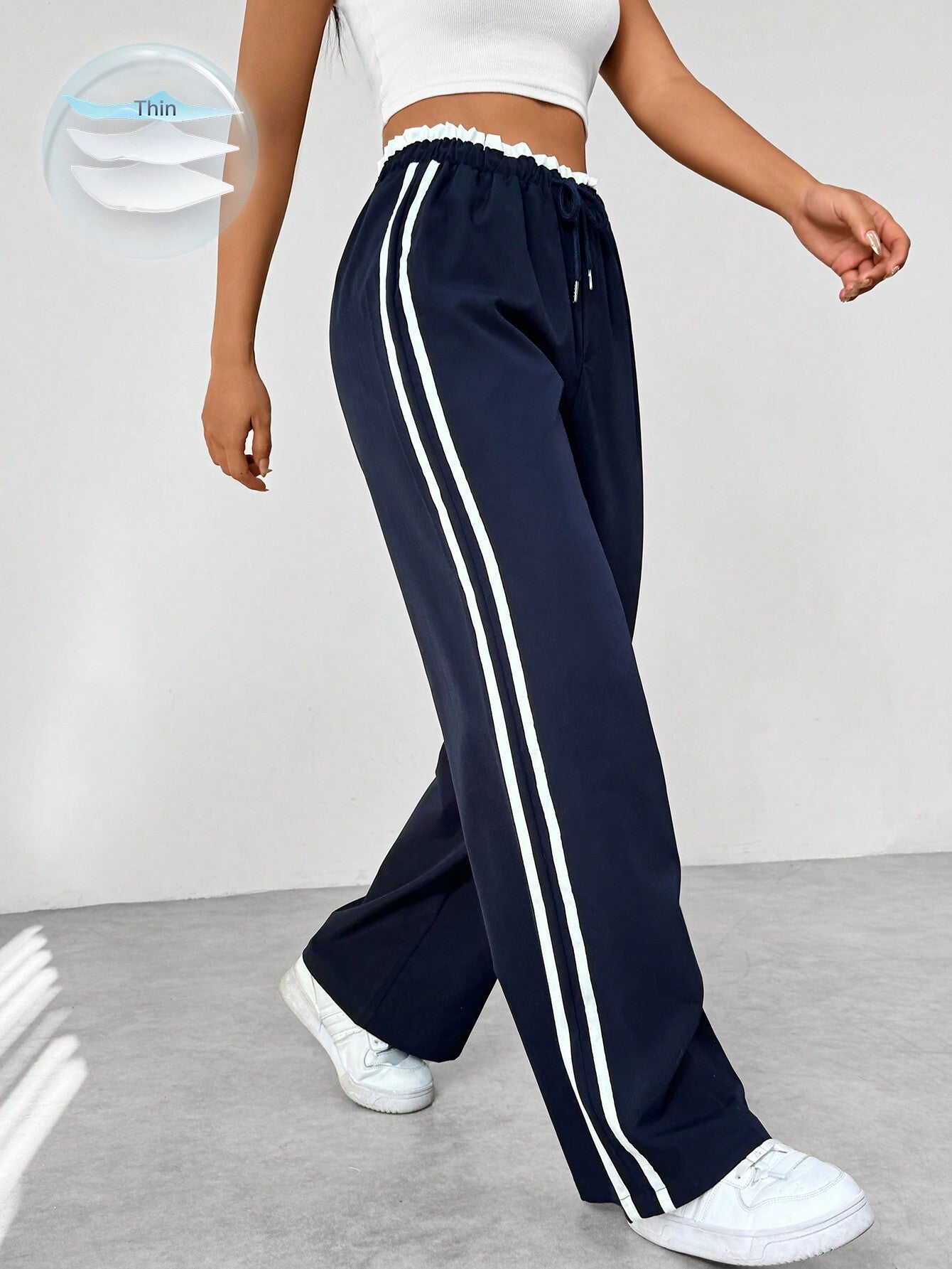 Women's Wide Leg Trousers with Adjustable Drawstring Waist and Sporty Side Stripes – Airy Casual Pants 0