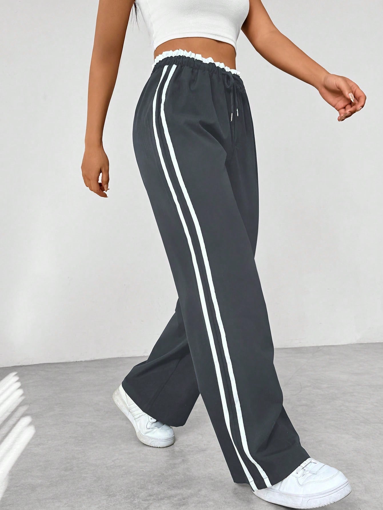 Women's Wide Leg Trousers with Adjustable Drawstring Waist and Sporty Side Stripes – Airy Casual Pants 3