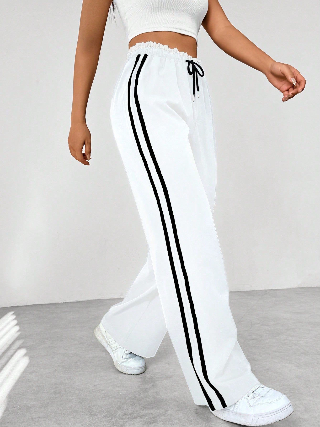 Women's Wide Leg Trousers with Adjustable Drawstring Waist and Sporty Side Stripes – Airy Casual Pants 4