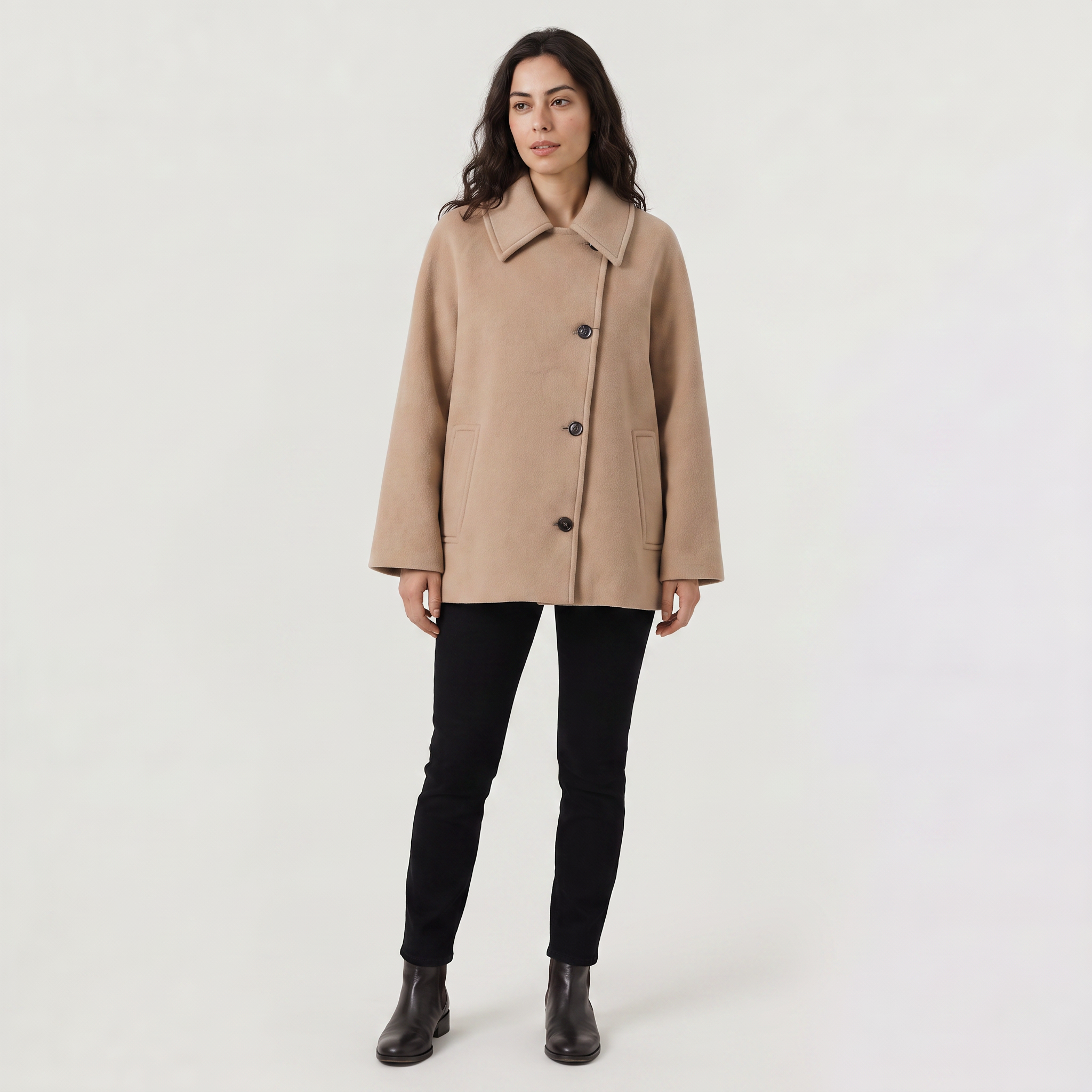 Women’s oversized wool blend coat featuring front button fastening, perfect for winter fashion and warmth. 3