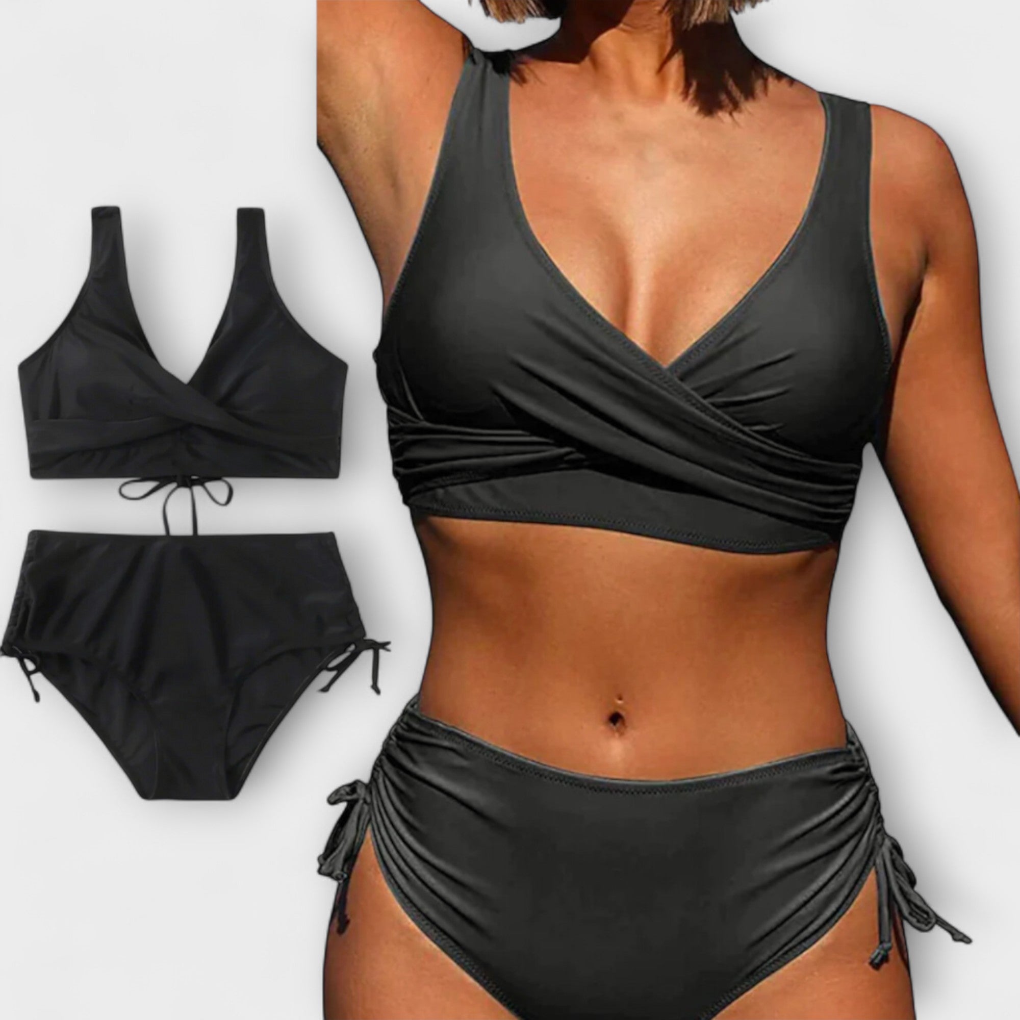 Women's bikini set featuring a stylish crossover top, designed to flatter all body types, available in multiple vibrant colors for a chic summer look. 0