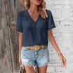Lightweight women's blouse featuring a lace trim V-neck and Swiss dot texture, perfect for casual summer wear. 3