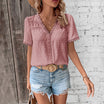 Lightweight women's blouse featuring a lace trim V-neck and Swiss dot texture, perfect for casual summer wear. 5