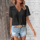 Lightweight women's blouse featuring a lace trim V-neck and Swiss dot texture, perfect for casual summer wear. 6
