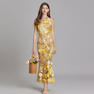 Womens elegant midi length dress featuring floral embroidery and a high neckline, perfect for summer wedding guests. 0