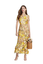 Womens elegant midi length dress featuring floral embroidery and a high neckline, perfect for summer wedding guests. 1