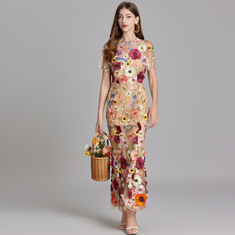 Womens elegant midi length dress featuring floral embroidery and a high neckline, perfect for summer wedding guests. 2