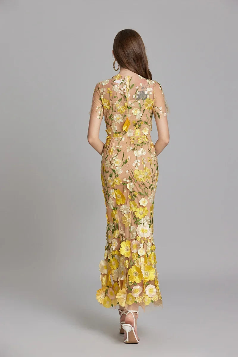 Womens elegant midi length dress featuring floral embroidery and a high neckline, perfect for summer wedding guests. 5