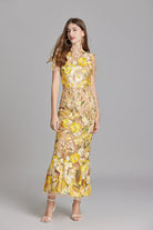 Womens elegant midi length dress featuring floral embroidery and a high neckline, perfect for summer wedding guests. 6