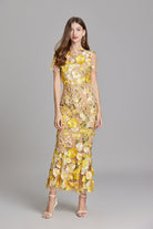 Womens elegant midi length dress featuring floral embroidery and a high neckline, perfect for summer wedding guests. 7