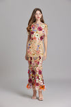 Womens elegant midi length dress featuring floral embroidery and a high neckline, perfect for summer wedding guests. 8