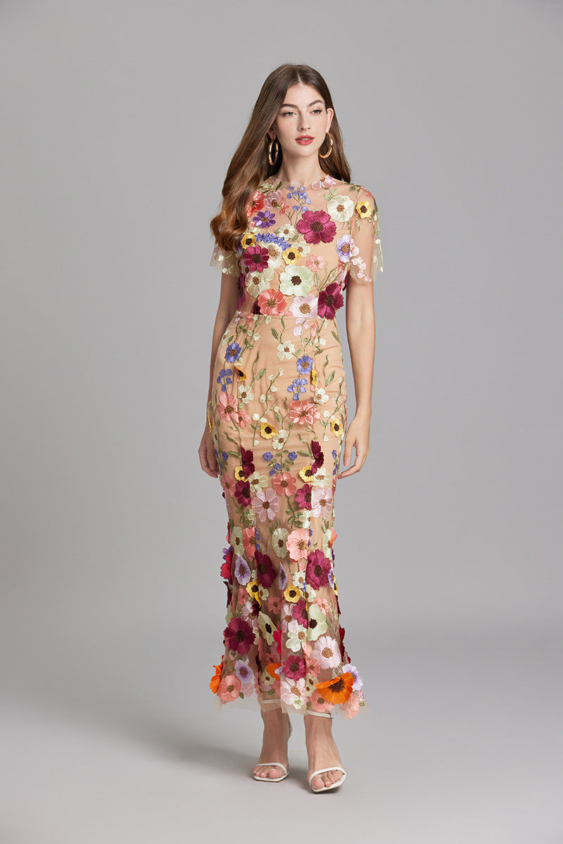 Womens elegant midi length dress featuring floral embroidery and a high neckline, perfect for summer wedding guests. 8