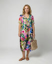 Womens floral linen midi dress featuring a V-neck and short sleeves, perfect for summer casual wear. 0