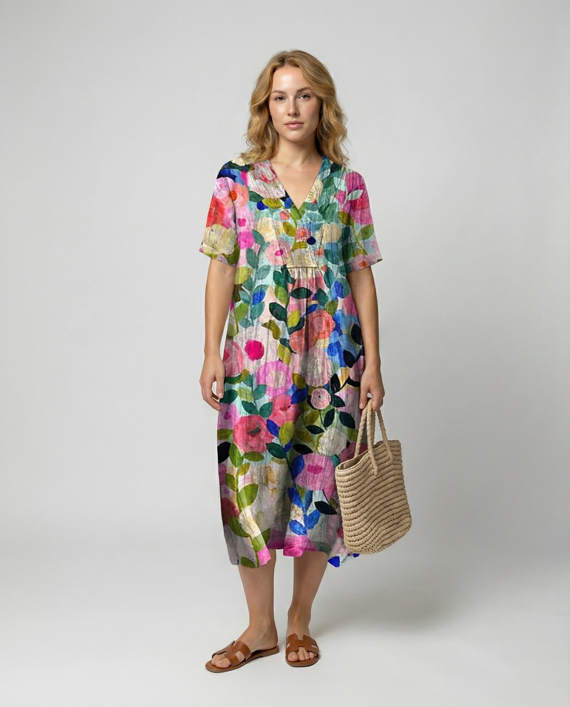 Womens floral linen midi dress featuring a V-neck and short sleeves, perfect for summer casual wear. 0