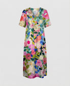 Womens floral linen midi dress featuring a V-neck and short sleeves, perfect for summer casual wear. 3