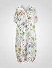 Womens floral linen midi dress featuring a V-neck and short sleeves, perfect for summer casual wear. 4