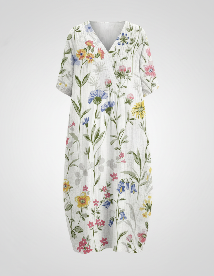 Womens floral linen midi dress featuring a V-neck and short sleeves, perfect for summer casual wear. 4