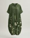 Womens floral linen midi dress featuring a V-neck and short sleeves, perfect for summer casual wear. 6