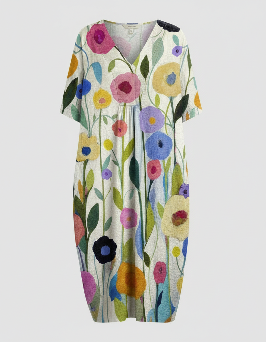 Womens floral linen midi dress featuring a V-neck and short sleeves, perfect for summer casual wear. 7