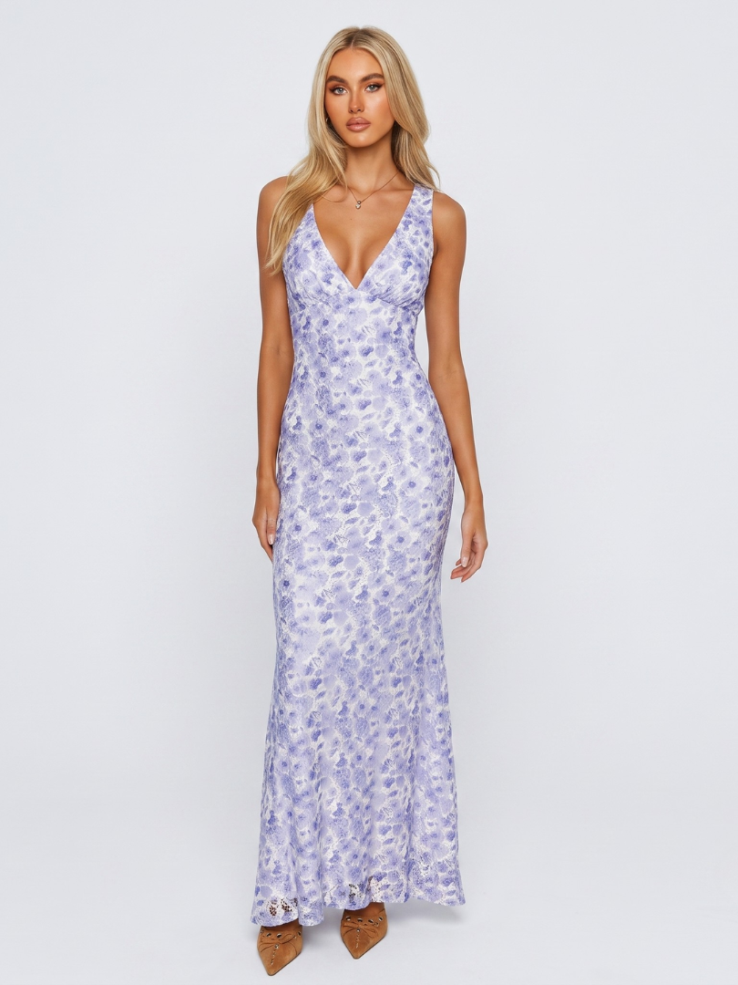 Womens Floral Wedding Guest Dress with V-Neckline in Elegant Purple – Perfect for Formal Occasions 0