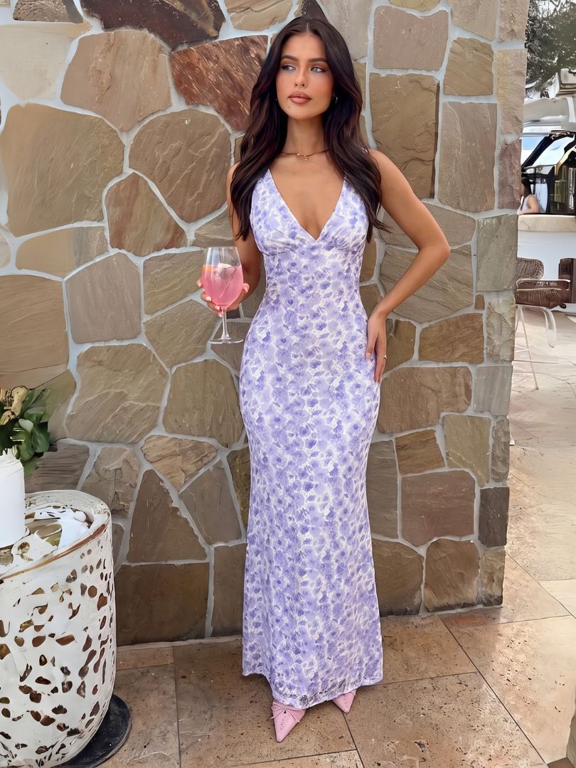 Womens Floral Wedding Guest Dress with V-Neckline in Elegant Purple – Perfect for Formal Occasions 1