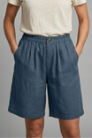 Womens linen shorts featuring an elastic waist and side pockets, designed for a relaxed fit perfect for warm weather. 6
