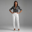 Womens lightweight printed blouse featuring a classic collar and roll-up sleeves, designed for a relaxed fit ideal for casual or semi-formal occasions. 1